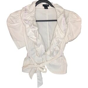 Gracia Fashion White Ruffle Puff Sleeve Wrap Jacket Peplum Tie Waist Large Y2K